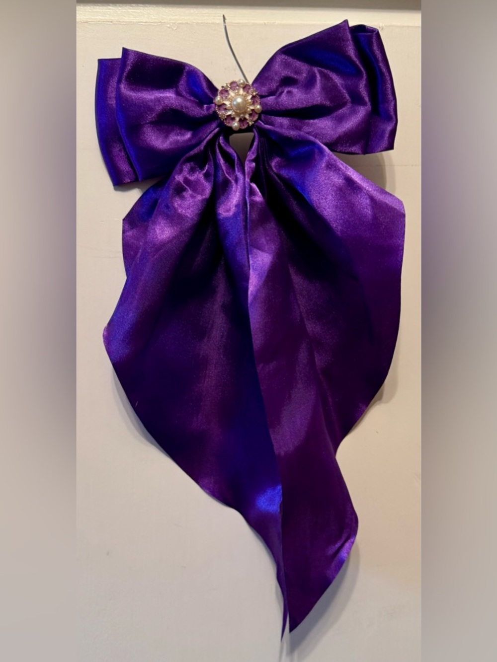 Satin Bow with Long Tails and Jeweled Center